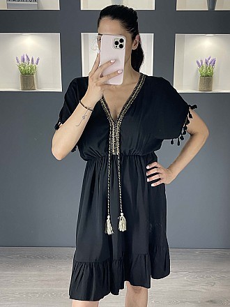 Γυναικείο φόρεμα mini με Ve λαιμοκοψη και  βολάν στο τελείωμα | Μαύρο