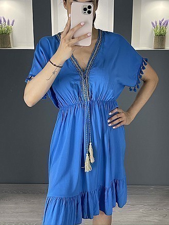 Γυναικείο φόρεμα mini με Ve λαιμοκοψη και  βολάν στο τελείωμα | Μπλε