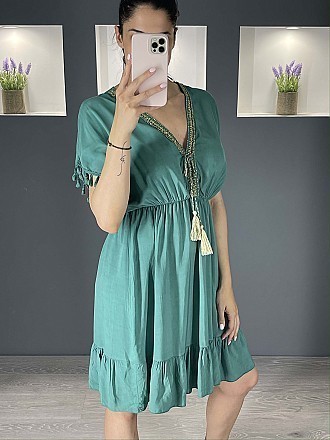 Γυναικείο φόρεμα mini με Ve λαιμοκοψη και  βολάν στο τελείωμα | Πράσινο