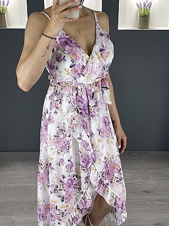 Γυναικείο maxi φόρεμα floral ασύμμετρο κρουαζέ με βολάν και ραντάκι | Λιλά