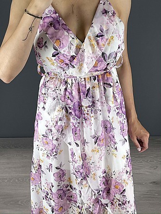 Γυναικείο maxi φόρεμα floral ασύμμετρο κρουαζέ με βολάν και ραντάκι | Λιλά