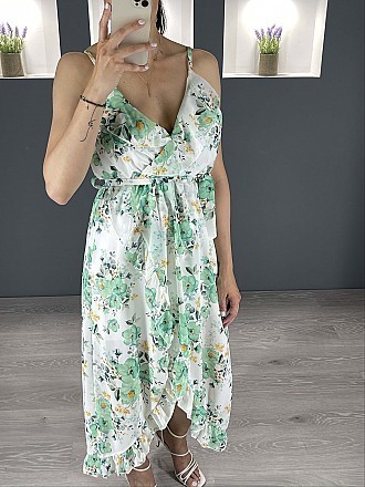 Γυναικείο maxi φόρεμα floral ασύμμετρο κρουαζέ με βολάν και ραντάκι | Πράσινο