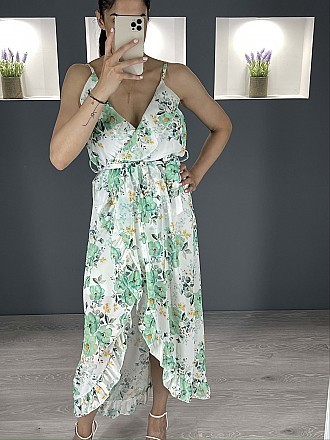 Γυναικείο maxi φόρεμα floral ασύμμετρο κρουαζέ με βολάν και ραντάκι | Πράσινο