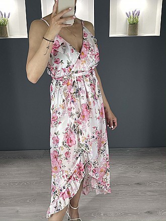 Γυναικείο maxi φόρεμα floral ασύμμετρο κρουαζέ με βολάν και ραντάκι | Ροζ