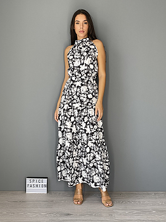 Γυναικείο maxi φόρεμα floral κλείνει με κουμπι στο λαιμό | Λευκό - Μαύρο