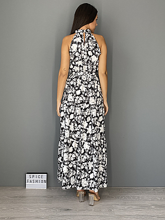 Γυναικείο maxi φόρεμα floral κλείνει με κουμπι στο λαιμό | Λευκό - Μαύρο