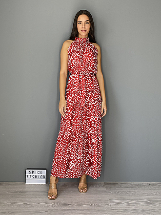 Γυναικείο maxi φόρεμα τύπου πουά κλείνει με κουμπι στο λαιμό | Κόκκινο