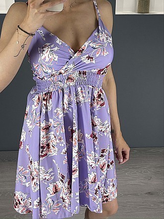 Γυναικείο mini φόρεμα floral με ραντάκι τύπου κρουαζέ | Λιλά