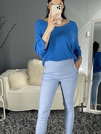Γυναικείο παντελόνι ελαστικό με διακοσμητικά κουμπιά | Γαλάζιο
