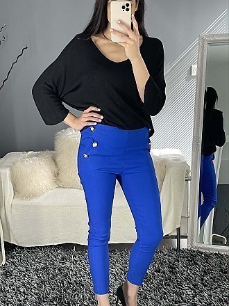 Γυναικείο παντελόνι ελαστικό με διακοσμητικά κουμπιά | Μπλε Ρουά