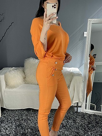 Γυναικείο παντελόνι ελαστικό με διακοσμητικά κουμπιά | Πορτοκαλί