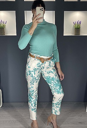 Γυναικείο παντελόνι floral ελαστικό με λάστιχο και ζώνη στην μέση | Βεραμάν