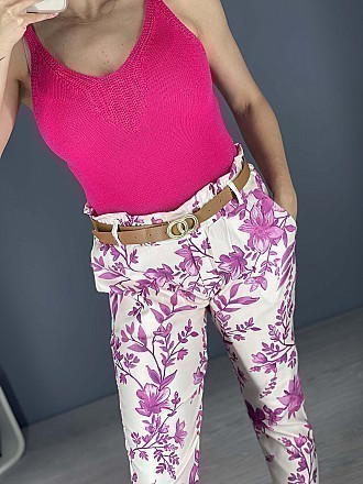 Γυναικείο παντελόνι floral ελαστικό με λάστιχο και ζώνη στην μέση | Φούξια