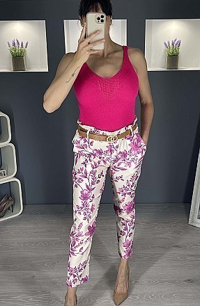 Γυναικείο παντελόνι floral ελαστικό με λάστιχο και ζώνη στην μέση | Φούξια
