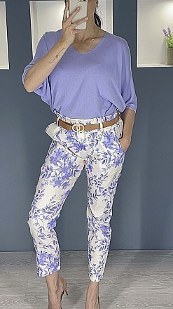 Γυναικείο παντελόνι floral ελαστικό με λάστιχο και ζώνη στην μέση | Λιλά