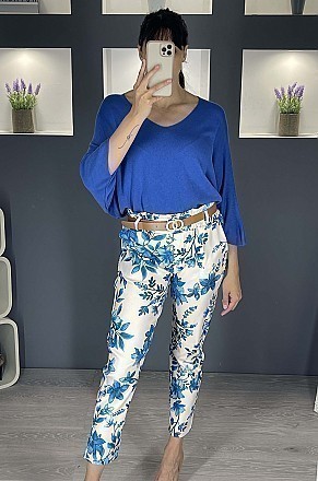 Γυναικείο παντελόνι floral ελαστικό με λάστιχο και ζώνη στην μέση | Μπλε