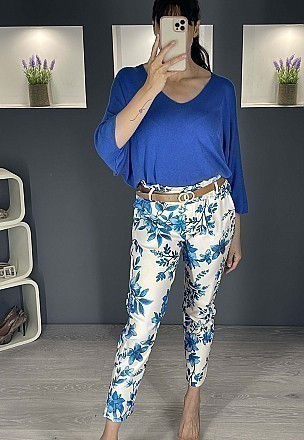 Γυναικείο παντελόνι floral ελαστικό με λάστιχο και ζώνη στην μέση | Μπλε
