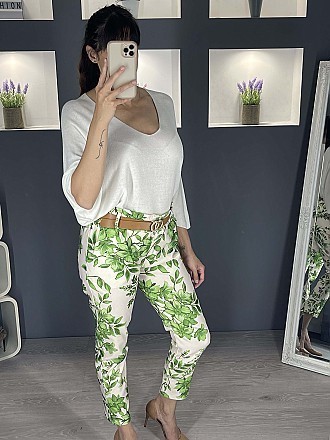 Γυναικείο παντελόνι floral ελαστικό με λάστιχο και ζώνη στην μέση | Πράσινο