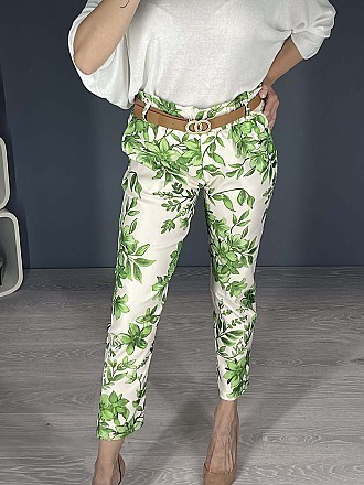 Γυναικείο παντελόνι floral ελαστικό με λάστιχο και ζώνη στην μέση | Πράσινο