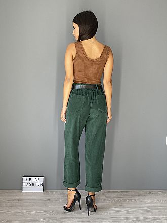 Γυναικείο παντελόνι κοτλέ τύπου buggy με λάστιχο στη μέση | Πράσινο