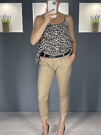 Γυναικείο παντελόνι ψηλόμεσο ελαστικό με λάστιχο και ζώνη στην μέση | Κάμελ