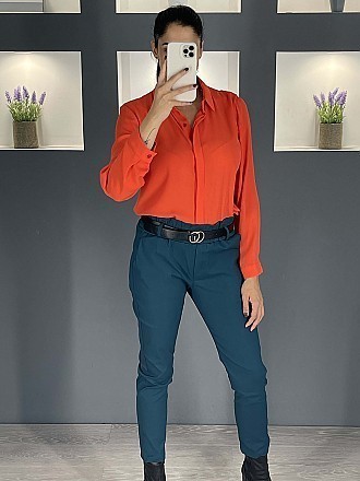 Γυναικείο παντελόνι ψηλόμεσο ελαστικό με λάστιχο και ζώνη στην μέση | Πετρόλ