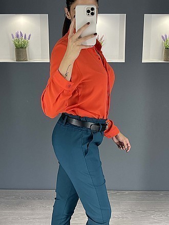 Γυναικείο παντελόνι ψηλόμεσο ελαστικό με λάστιχο και ζώνη στην μέση | Πετρόλ