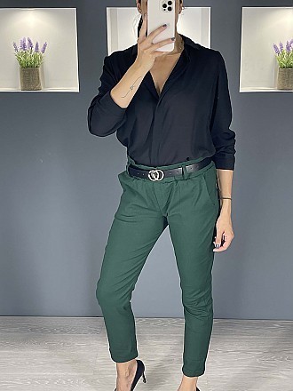 Γυναικείο παντελόνι ψηλόμεσο ελαστικό με λάστιχο και ζώνη στην μέση | Πράσινο Σκούρο