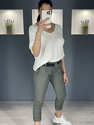 Γυναικείο παντελόνι ψηλόμεσο ελαστικό με λάστιχο και ζώνη στην μέση | Χακί