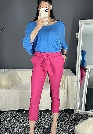 Γυναικείο παντελόνι ψηλόμεσο ελαστικό με ζώνη του ίδιου υφάσματος | Φούξια