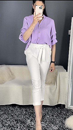 Γυναικείο παντελόνι ψηλόμεσο ελαστικό με ζώνη του ίδιου υφάσματος | Λευκό