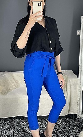 Γυναικείο παντελόνι ψηλόμεσο ελαστικό με ζώνη του ίδιου υφάσματος | Μπλε