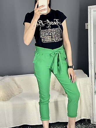 Γυναικείο παντελόνι ψηλόμεσο ελαστικό με ζώνη του ίδιου υφάσματος | Πράσινο