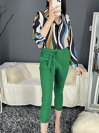 Γυναικείο παντελόνι ψηλόμεσο ελαστικό με ζώνη του ίδιου υφάσματος | Πράσινο Σκούρο