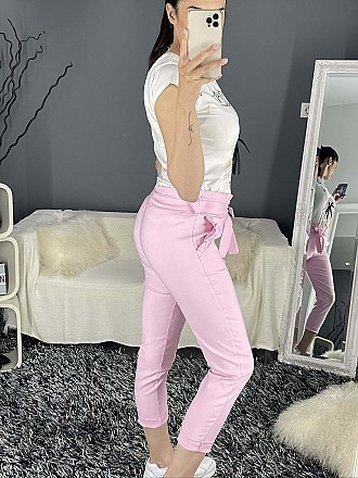 Γυναικείο παντελόνι ψηλόμεσο ελαστικό με ζώνη του ίδιου υφάσματος | Ροζ