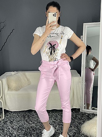Γυναικείο παντελόνι ψηλόμεσο ελαστικό με ζώνη του ίδιου υφάσματος | Ροζ