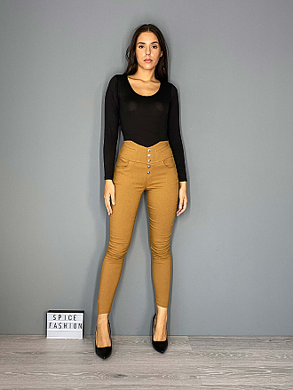Γυναικείο παντελόνι ψηλόμεσο με διακοσμητικά κουμπιά | Κάμελ