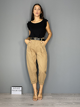 Γυναικείο παντελόνι τύπου καπαρντίνα με πιέτες και δερματίνη ζώνη | Μπεζ