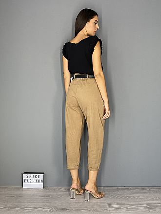 Γυναικείο παντελόνι τύπου καπαρντίνα με πιέτες και δερματίνη ζώνη | Μπεζ