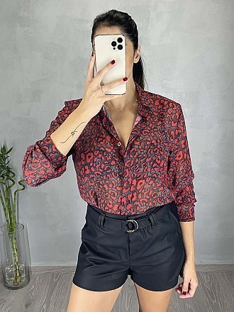 Γυναικείο πουκάμισο animal print κλείνει με κουμπιά | Ανθρακί - Κόκκινο