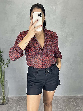 Γυναικείο πουκάμισο animal print κλείνει με κουμπιά | Ανθρακί - Κόκκινο