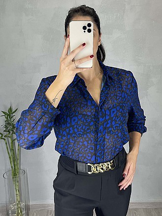 Γυναικείο πουκάμισο animal print κλείνει με κουμπιά | Ανθρακί - Μπλε Ρουά