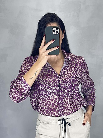 Γυναικείο πουκάμισο animal print κλείνει με κουμπιά | Γκρι - Ματζέντα