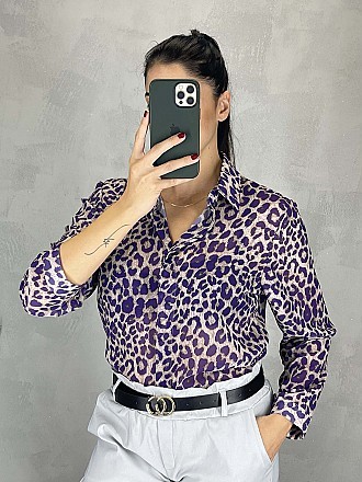 Γυναικείο πουκάμισο animal print κλείνει με κουμπιά | Γκρι - Μωβ