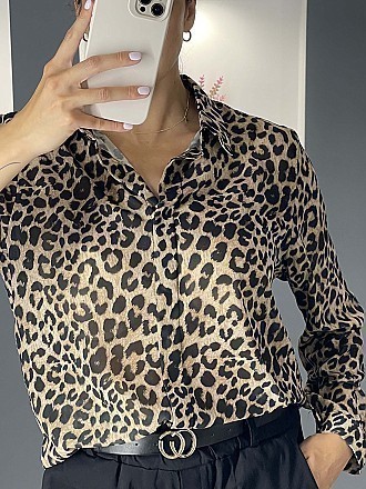 Γυναικείο πουκάμισο animal print κλείνει με κουμπιά | Μπεζ
