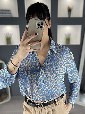 Γυναικείο πουκάμισο animal print κλείνει με κουμπιά | Μπεζ - Μπλε Ρουά