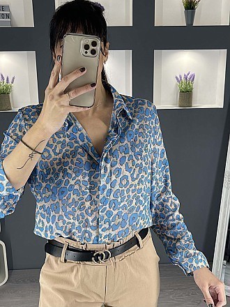 Γυναικείο πουκάμισο animal print κλείνει με κουμπιά | Μπεζ - Μπλε Ρουά