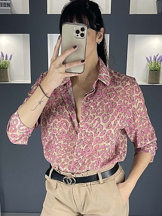 Γυναικείο πουκάμισο animal print κλείνει με κουμπιά | Μπεζ - Ροζ