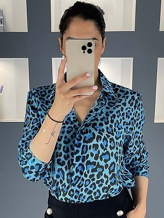 Γυναικείο πουκάμισο animal print κλείνει με κουμπιά | Μπλε