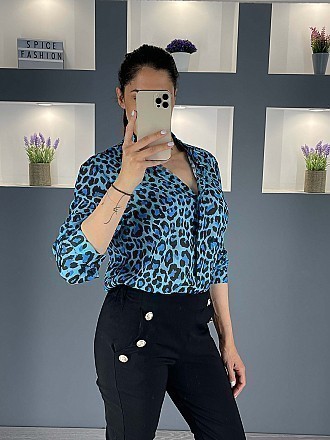 Γυναικείο πουκάμισο animal print κλείνει με κουμπιά | Μπλε